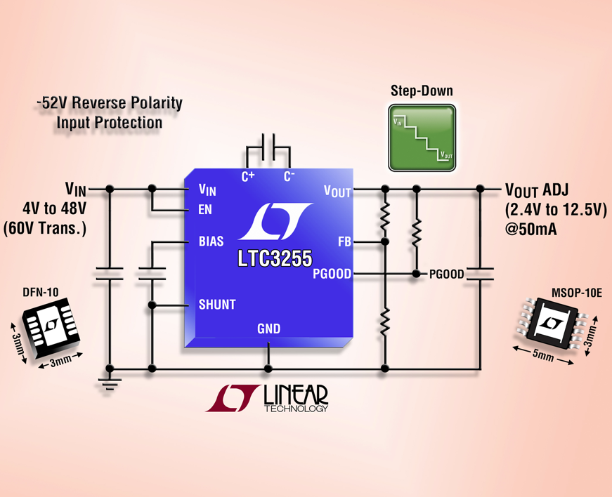 Fault-protected, 50mA step-down charge pump provides tegulated output with input current doubling