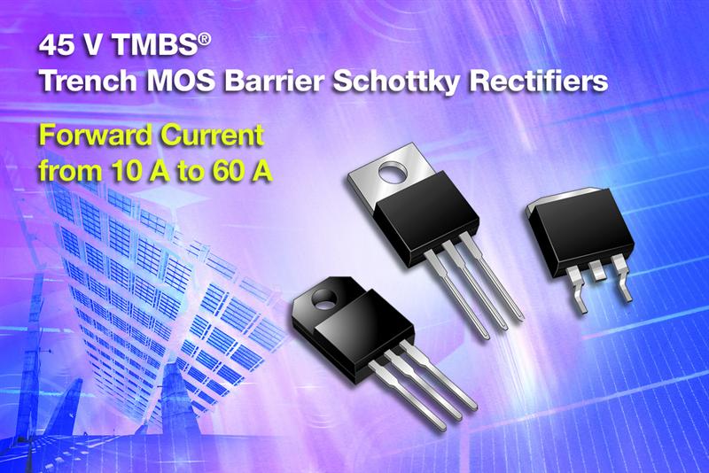 Vishay Releases 12 New 45 V TMBS Trench MOS Barrier Schottky Rectifiers in Power TO-220AB, ITO-220AB, and TO-263AB Packages for PV Solar Cell Bypass Protection