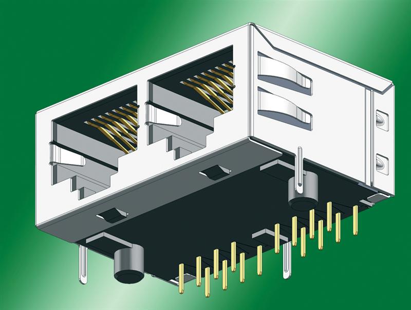 Dual-port RJ45 jack for Cat-5 Gigabit Ethernet applications using wave or reflow soldering: Space-saving and fully shielded design